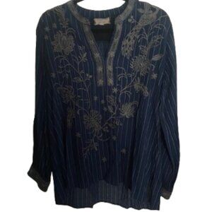 Johnny Was Blue Embroidered Floral Shirt Jazmin Zip Up Size Medium NWOT
